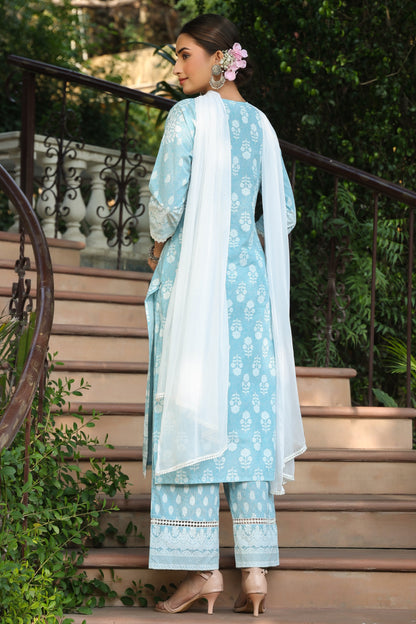 Skyblue  Printed Straight Kurta Sets