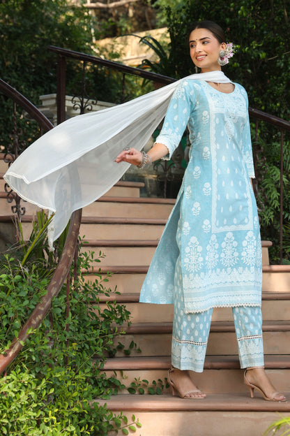 Skyblue  Printed Straight Kurta Sets