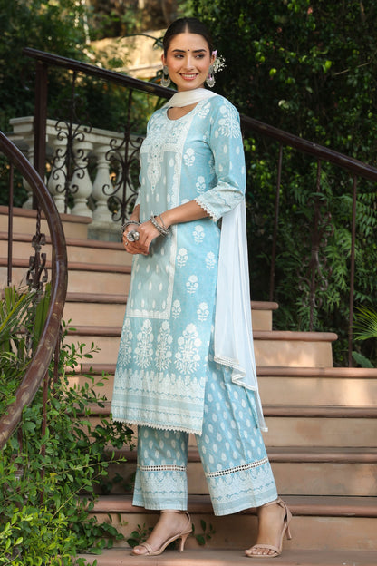 Skyblue  Printed Straight Kurta Sets