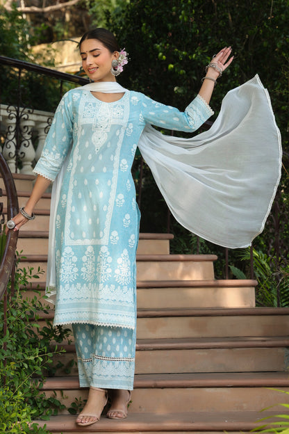 Skyblue  Printed Straight Kurta Sets