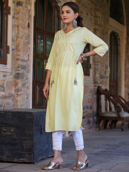 Lemon Rayon Slub Solid Embroidered  Straight Kurta