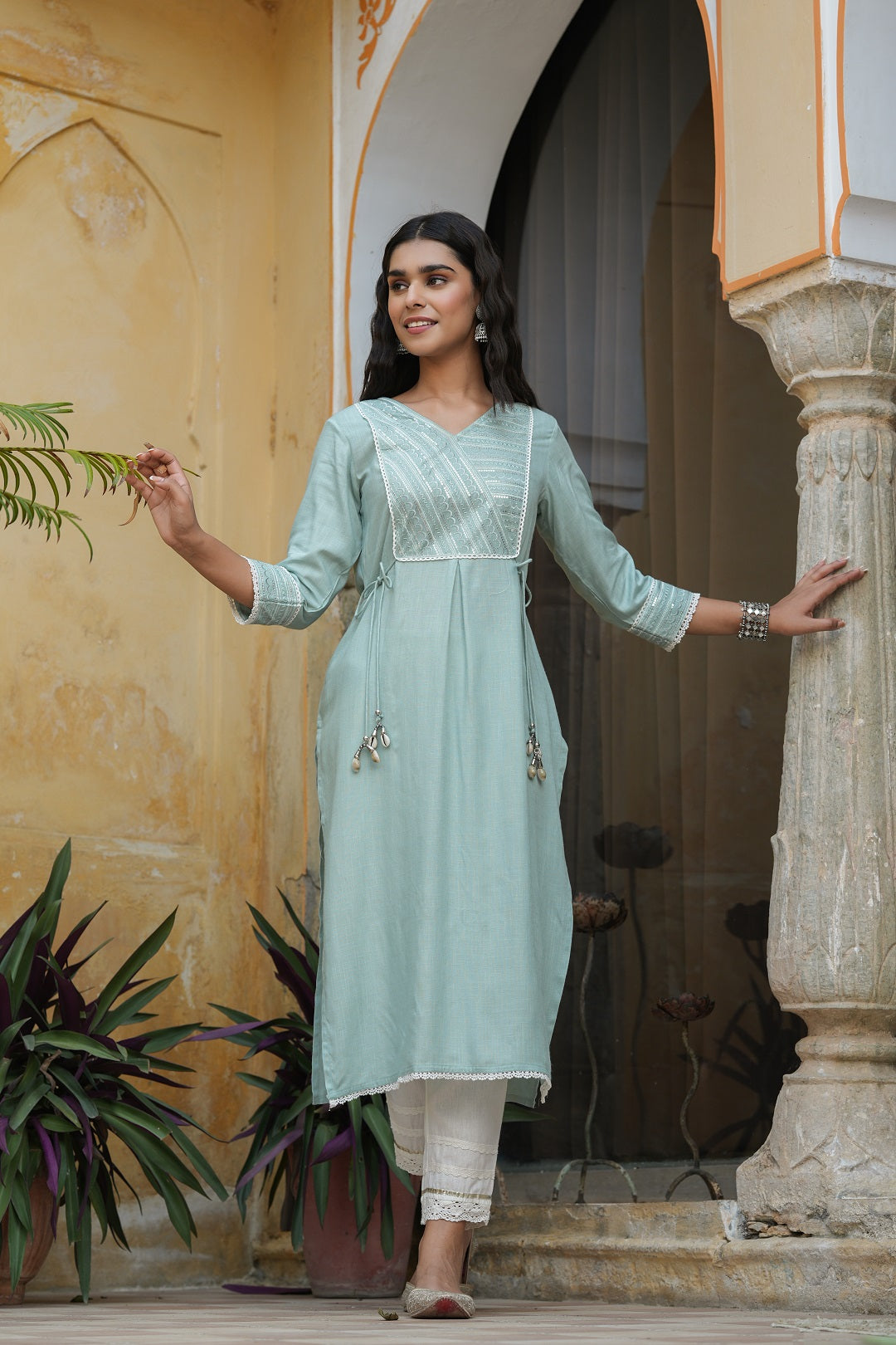 Mint Blue Rayon Slub Solid Embroidered  Straight Kurta