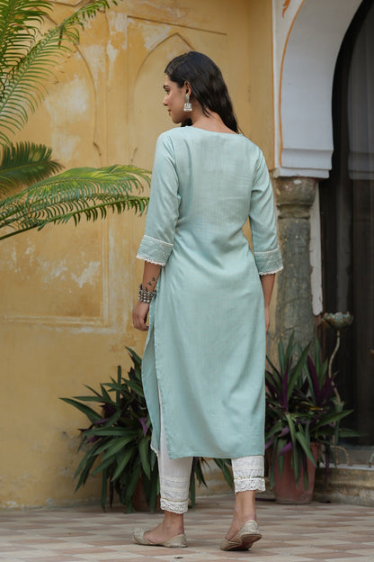 Mint Blue Rayon Slub Solid Embroidered  Straight Kurta