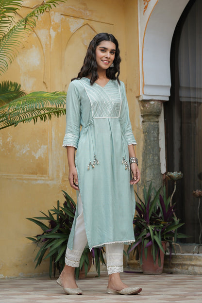 Mint Blue Rayon Slub Solid Embroidered  Straight Kurta