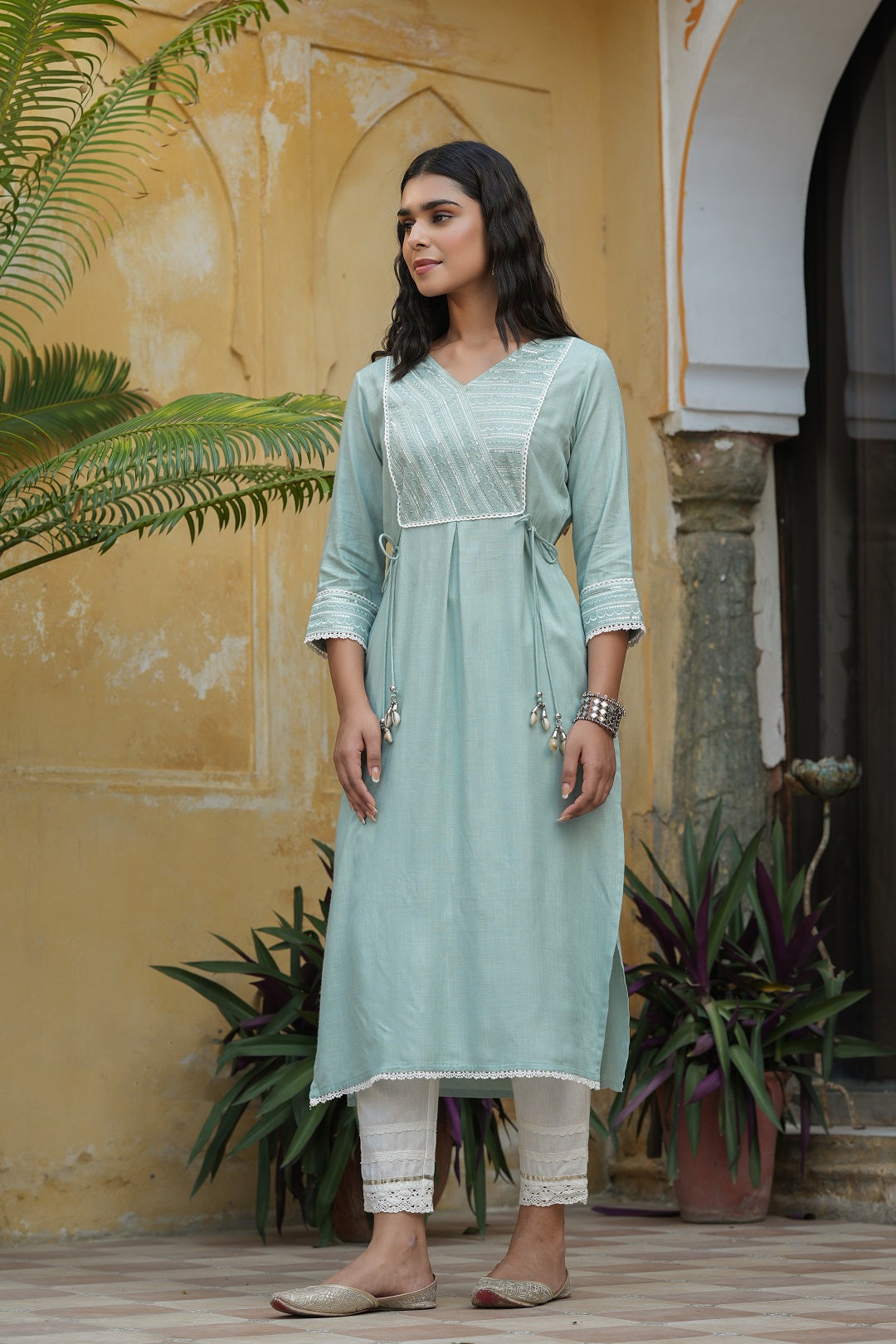 Mint Blue Rayon Slub Solid Embroidered  Straight Kurta