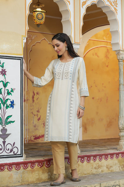 Off-White Rayon Printed Straight Kurta