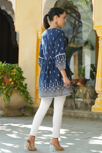 Indigo Cambric Placement Printed Tunic