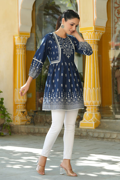 Indigo Cambric Placement Printed Tunic