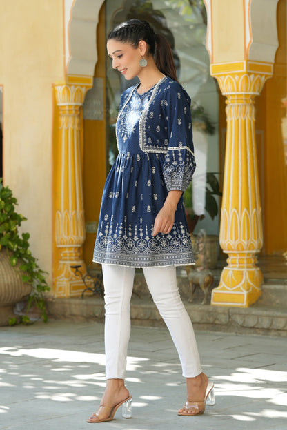 Indigo Cambric Placement Printed Tunic