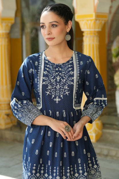 Indigo Cambric Placement Printed Tunic