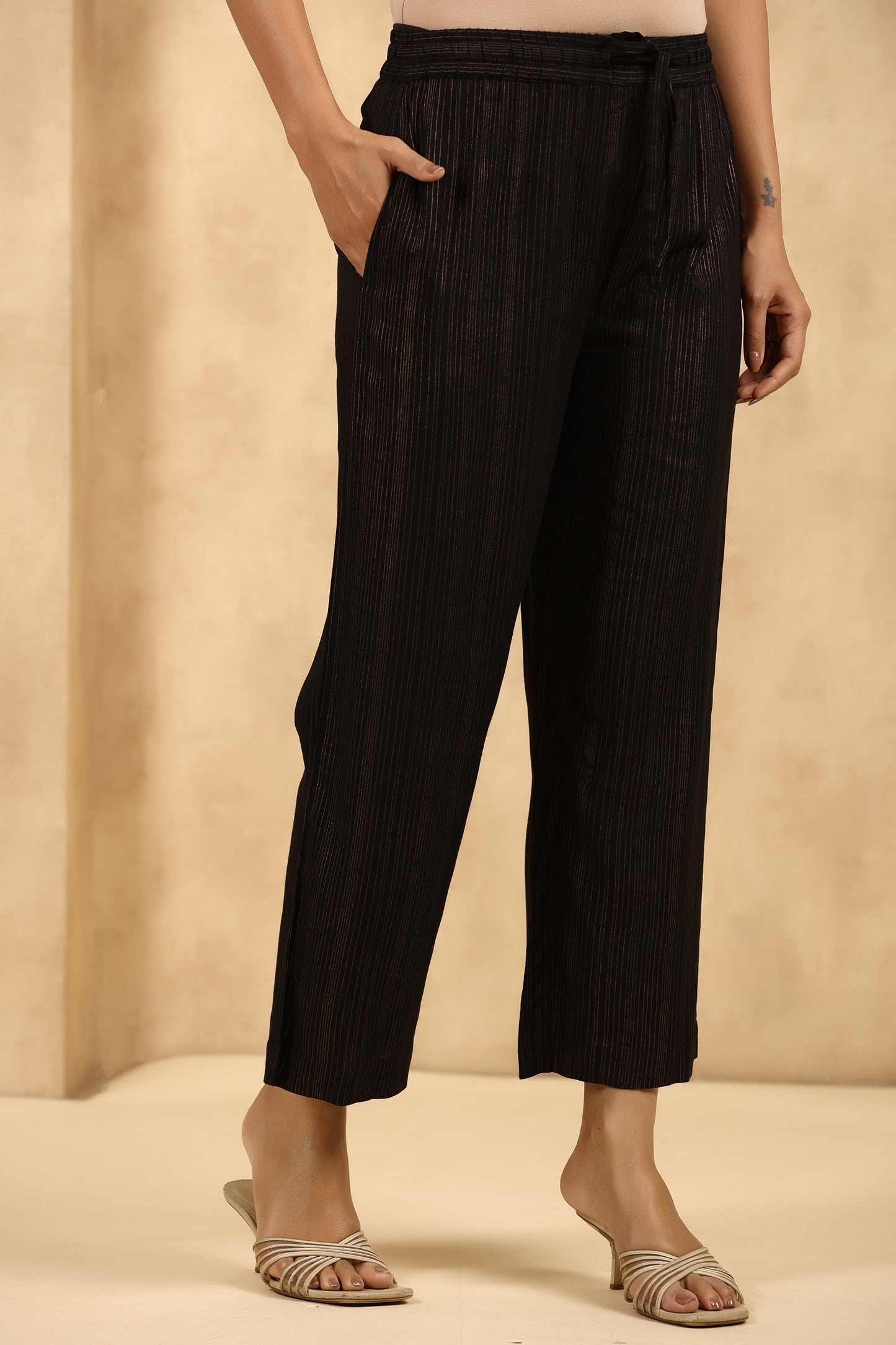 Black Rayon Gold Printed Wide Leg Palazzo