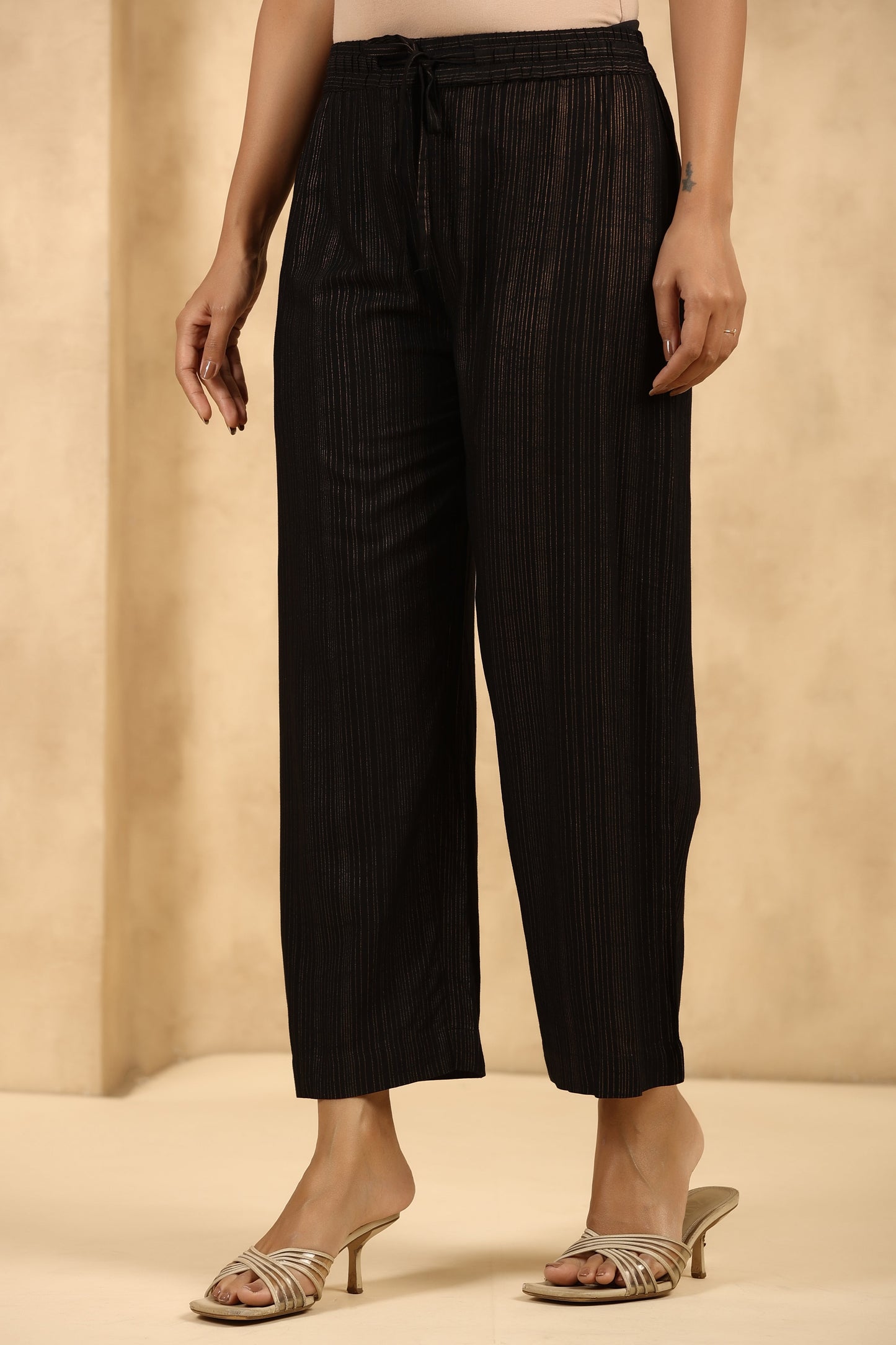 Black Rayon Gold Printed Wide Leg Palazzo