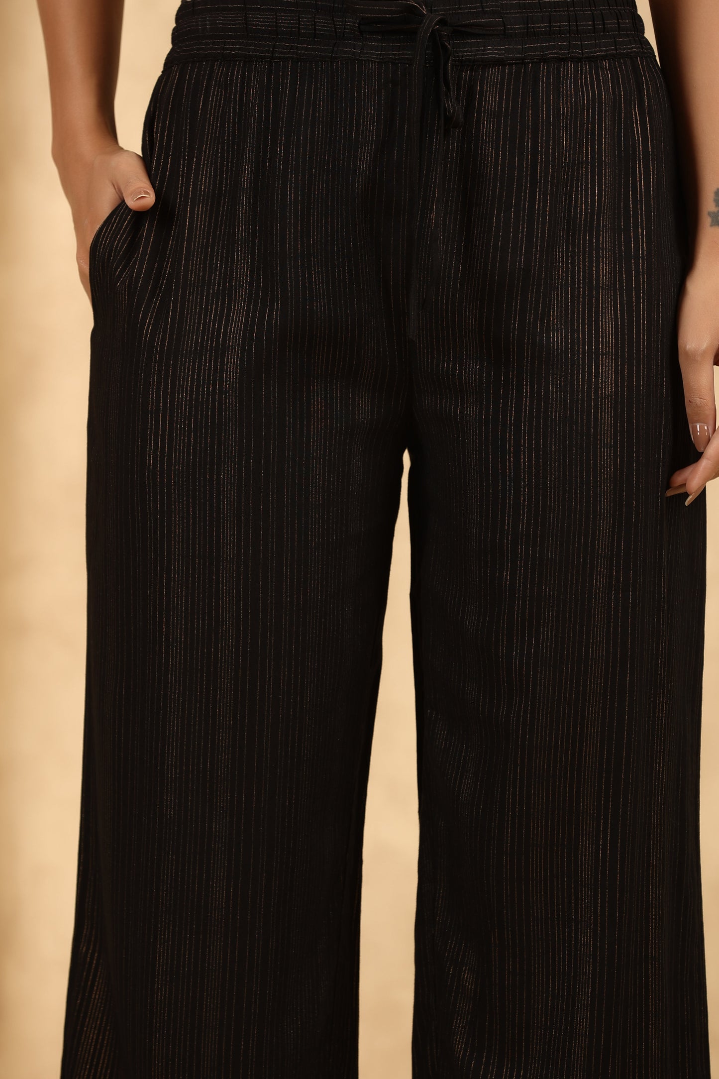 Black Rayon Gold Printed Wide Leg Palazzo