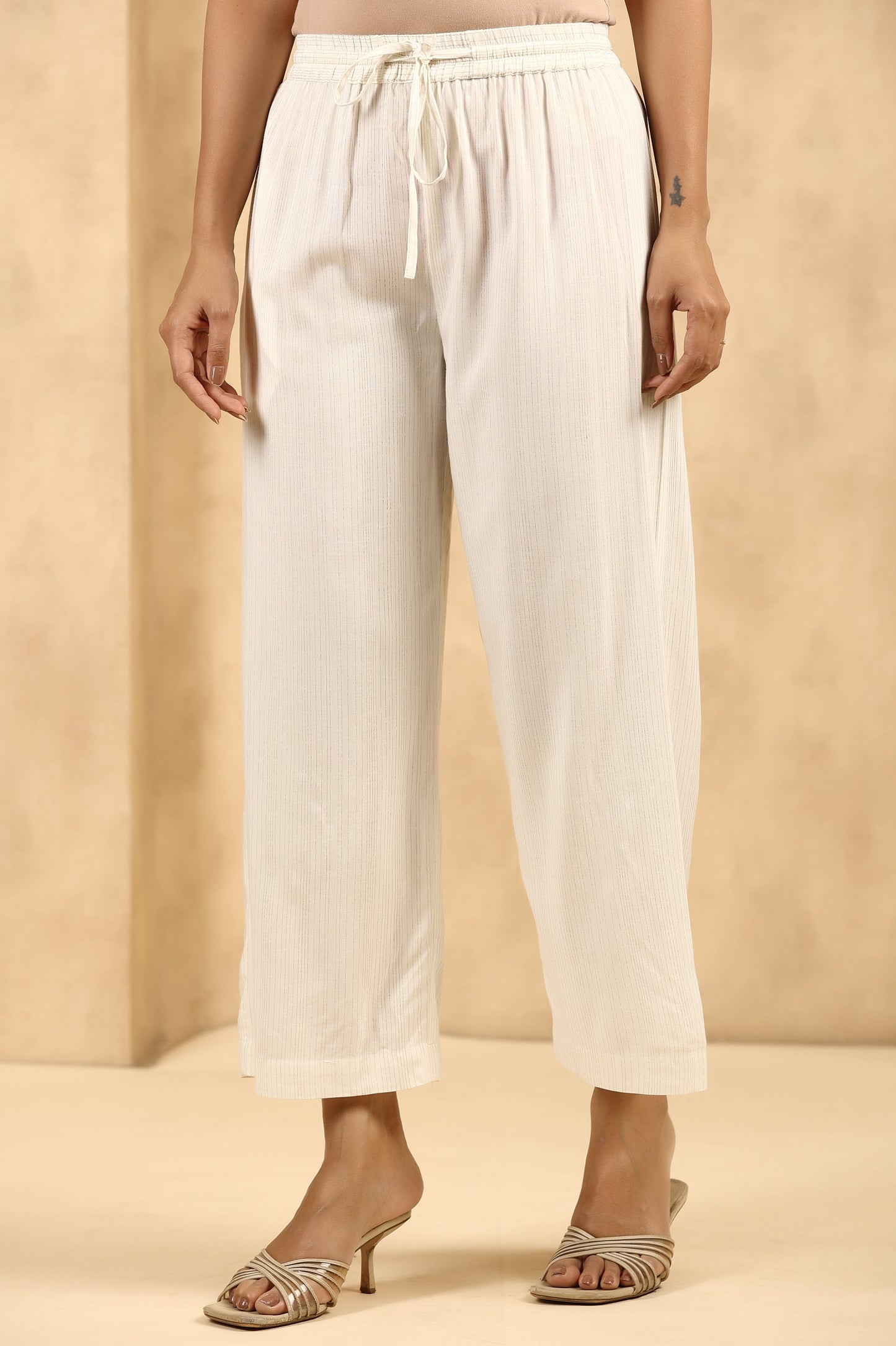 Off-White Rayon Gold Printed Wide Leg Palazzo