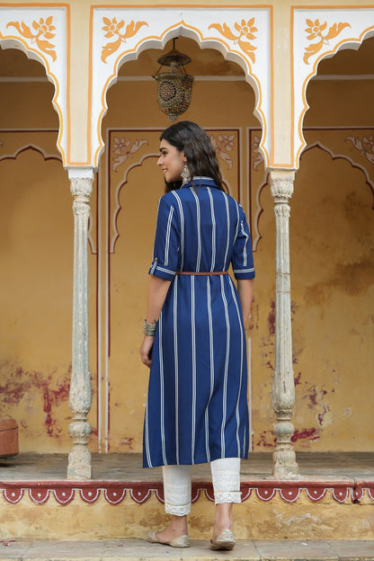 Navy Rayon Staple Printed A-Line Dress