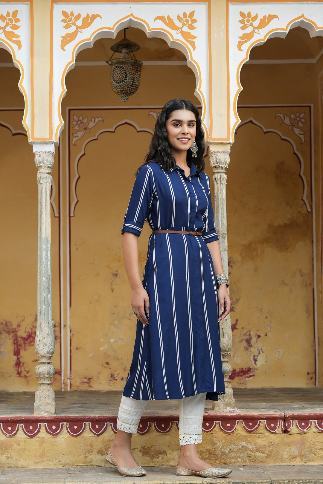 Navy Rayon Staple Printed A-Line Dress