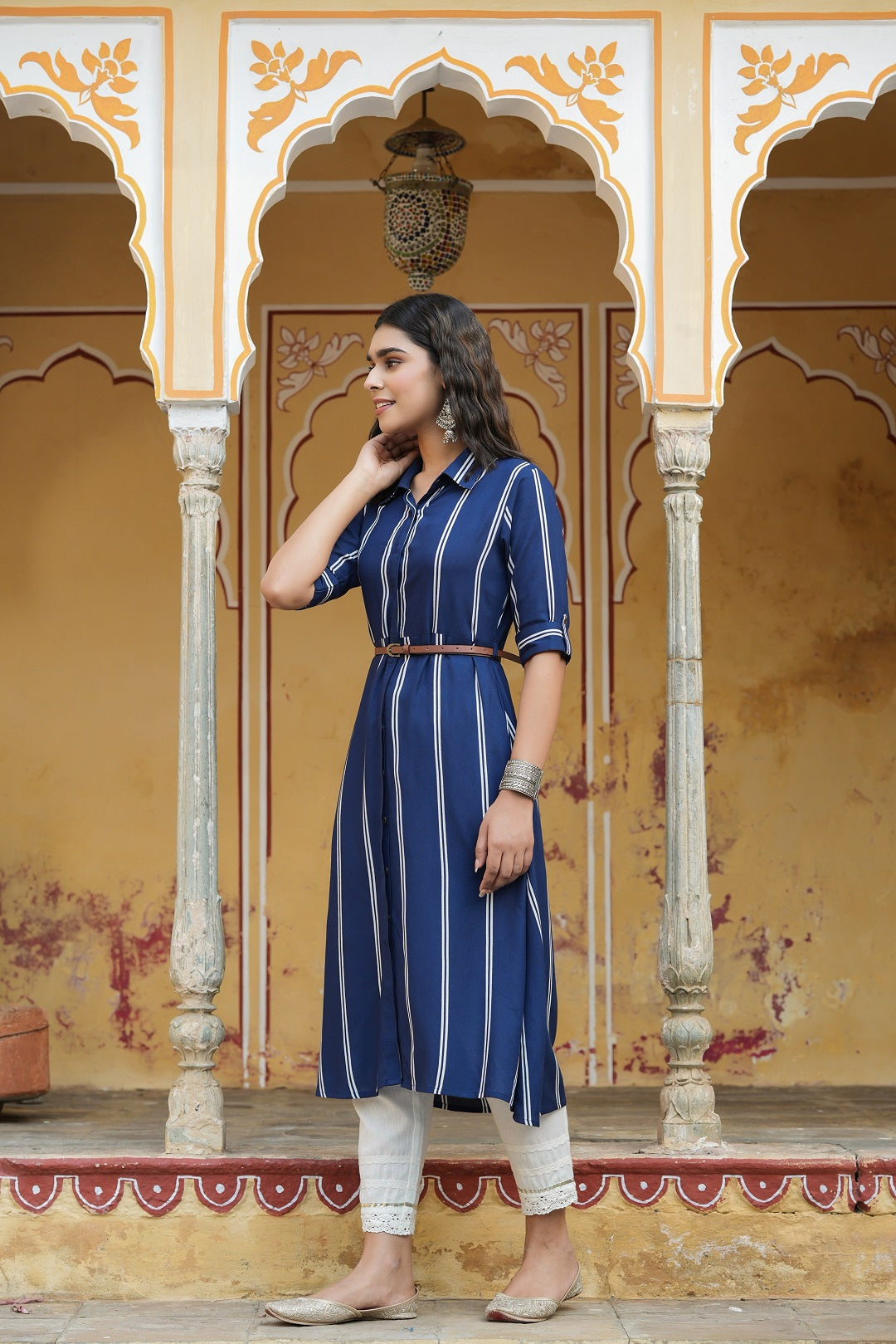 Navy Rayon Staple Printed A-Line Dress