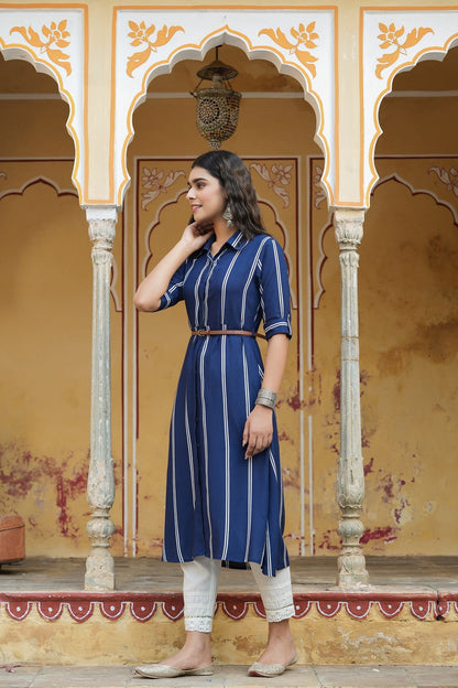 Navy Rayon Staple Printed A-Line Dress