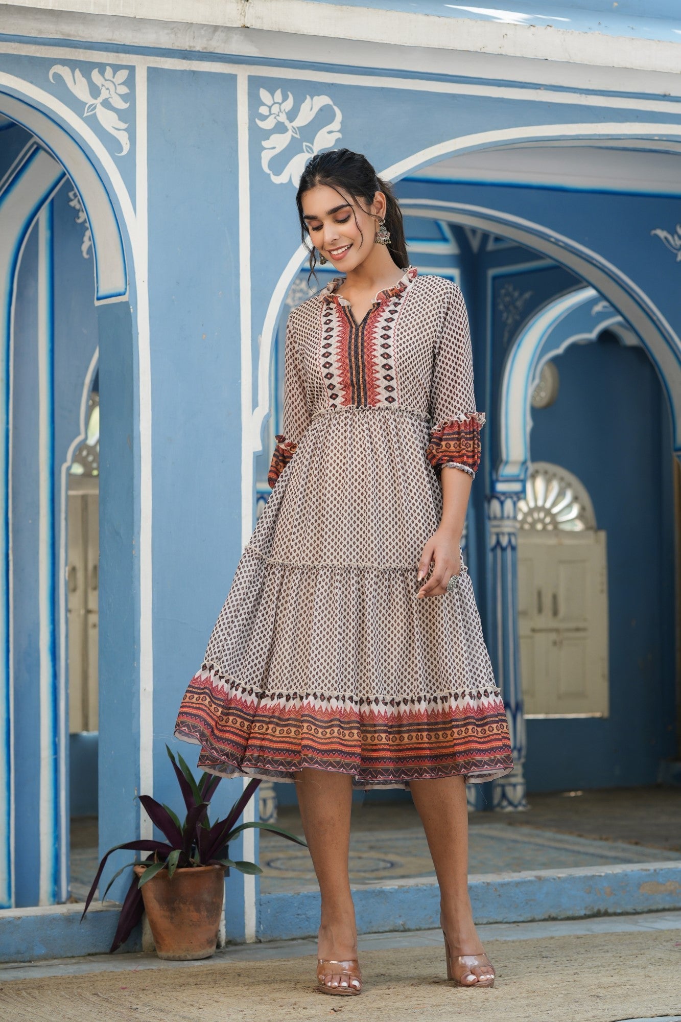 Ivory Georgette Printed Tiered Dress