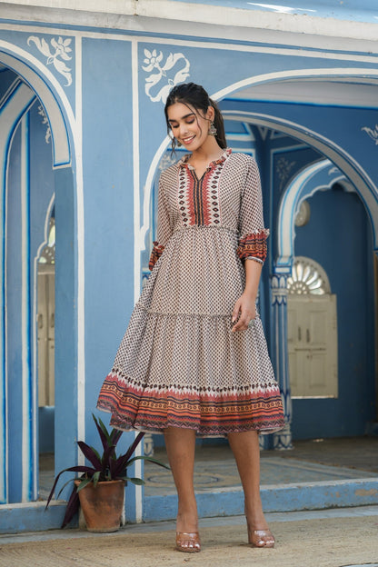 Ivory Georgette Printed Tiered Dress