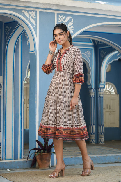 Ivory Georgette Printed Tiered Dress