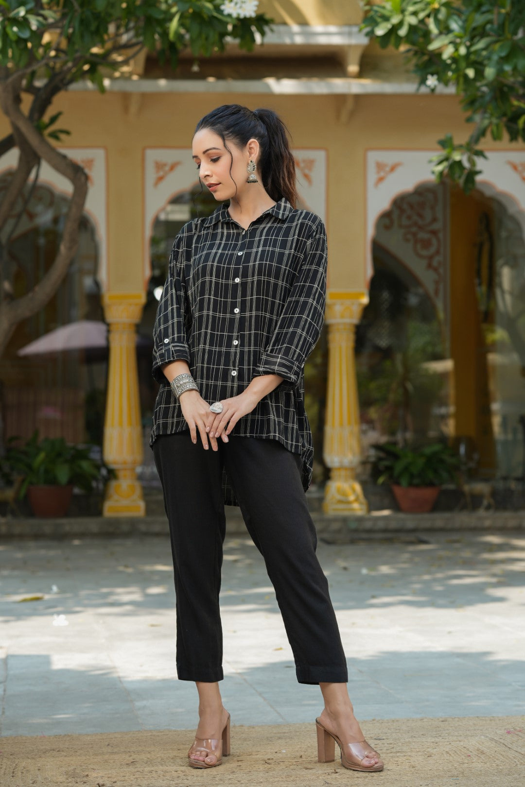 Black Rayon Crepe Checkered Printed High & Low Shirt Style Tunic