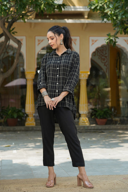 Black Rayon Crepe Checkered Printed High & Low Shirt Style Tunic