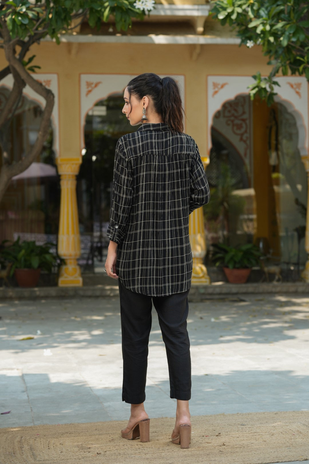 Black Rayon Crepe Checkered Printed High & Low Shirt Style Tunic