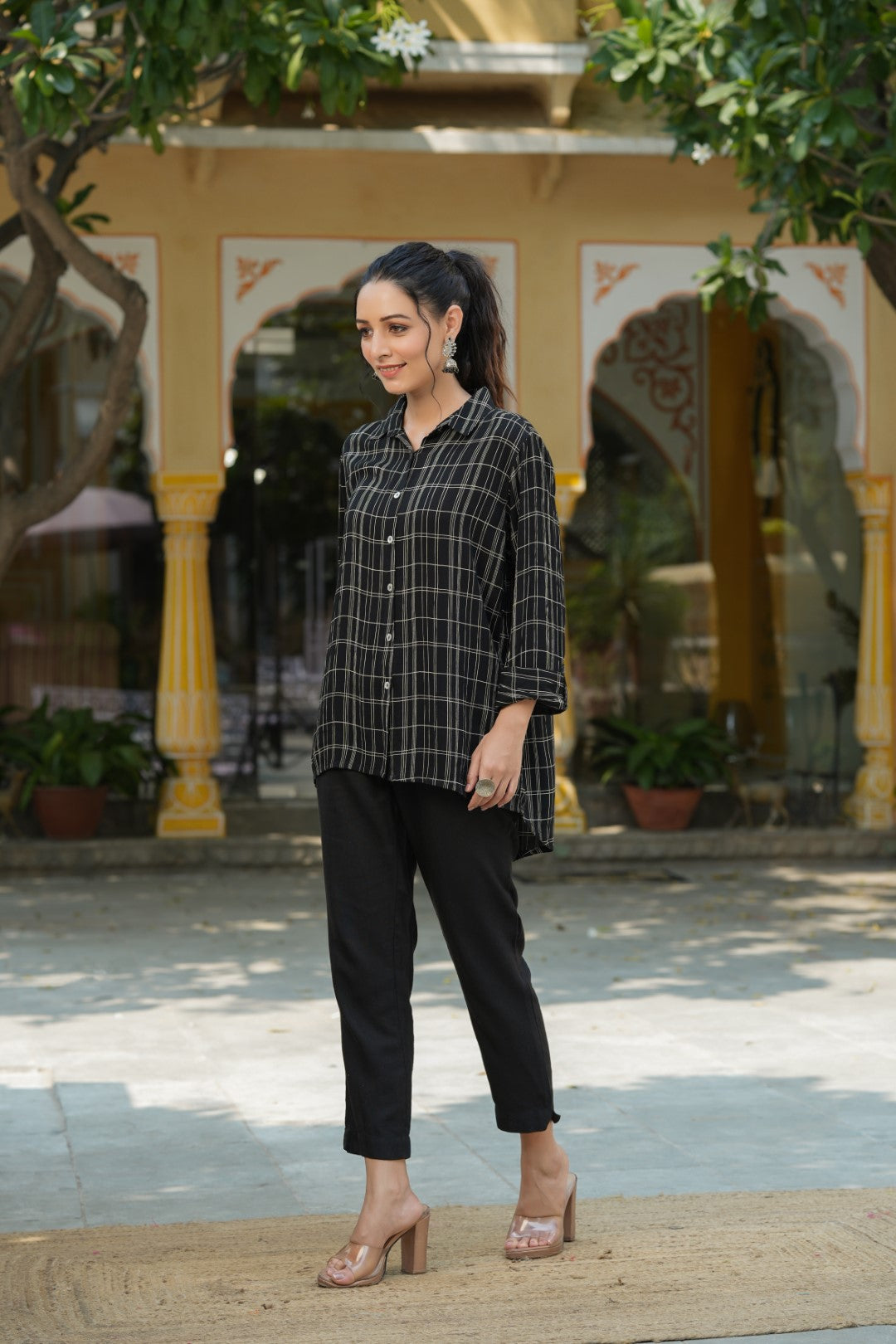 Black Rayon Crepe Checkered Printed High & Low Shirt Style Tunic