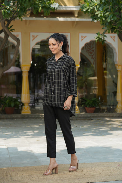 Black Rayon Crepe Checkered Printed High & Low Shirt Style Tunic