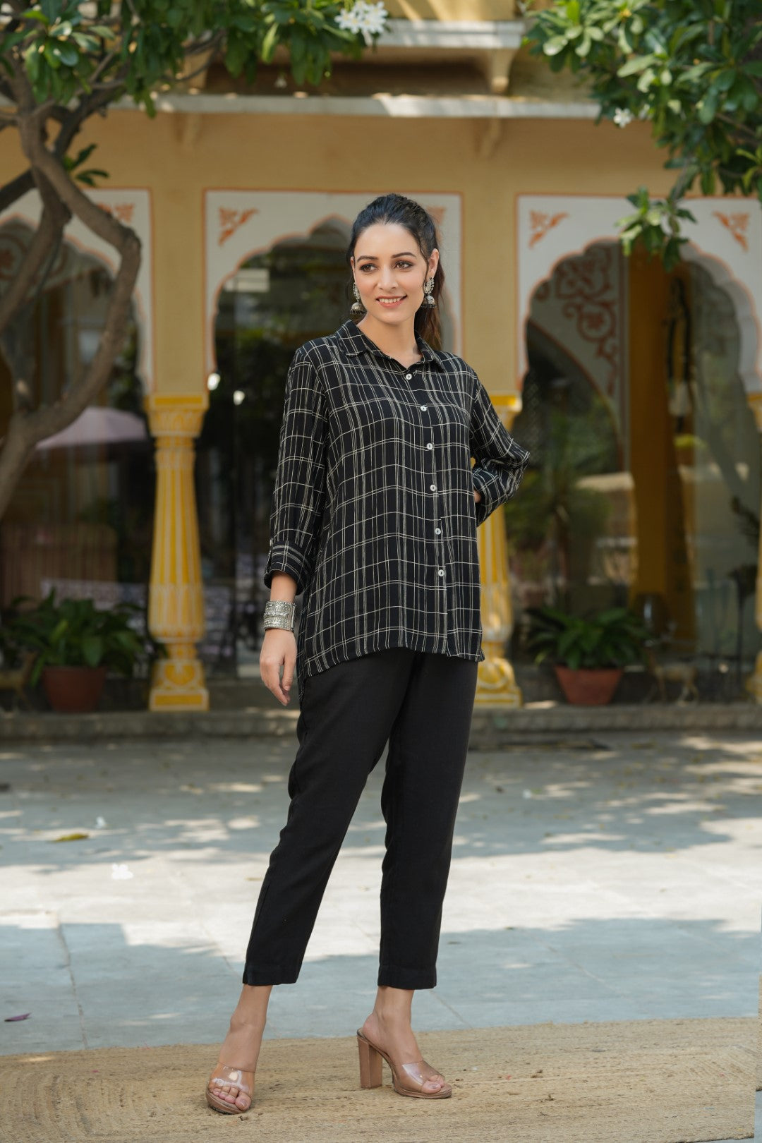 Black Rayon Crepe Checkered Printed High & Low Shirt Style Tunic
