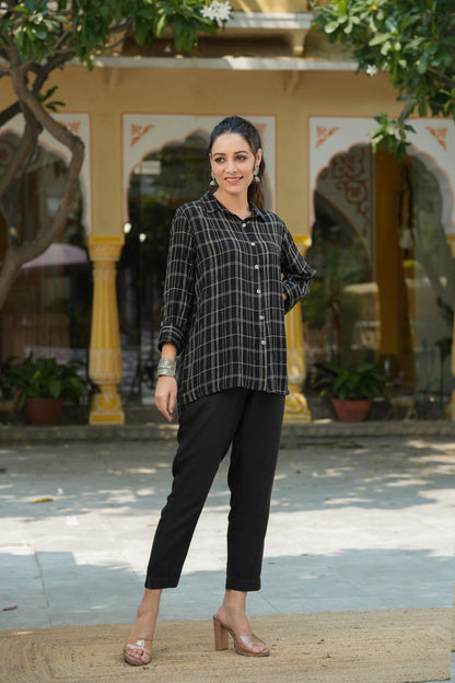 Black Rayon Crepe Checkered Printed High & Low Shirt Style Tunic