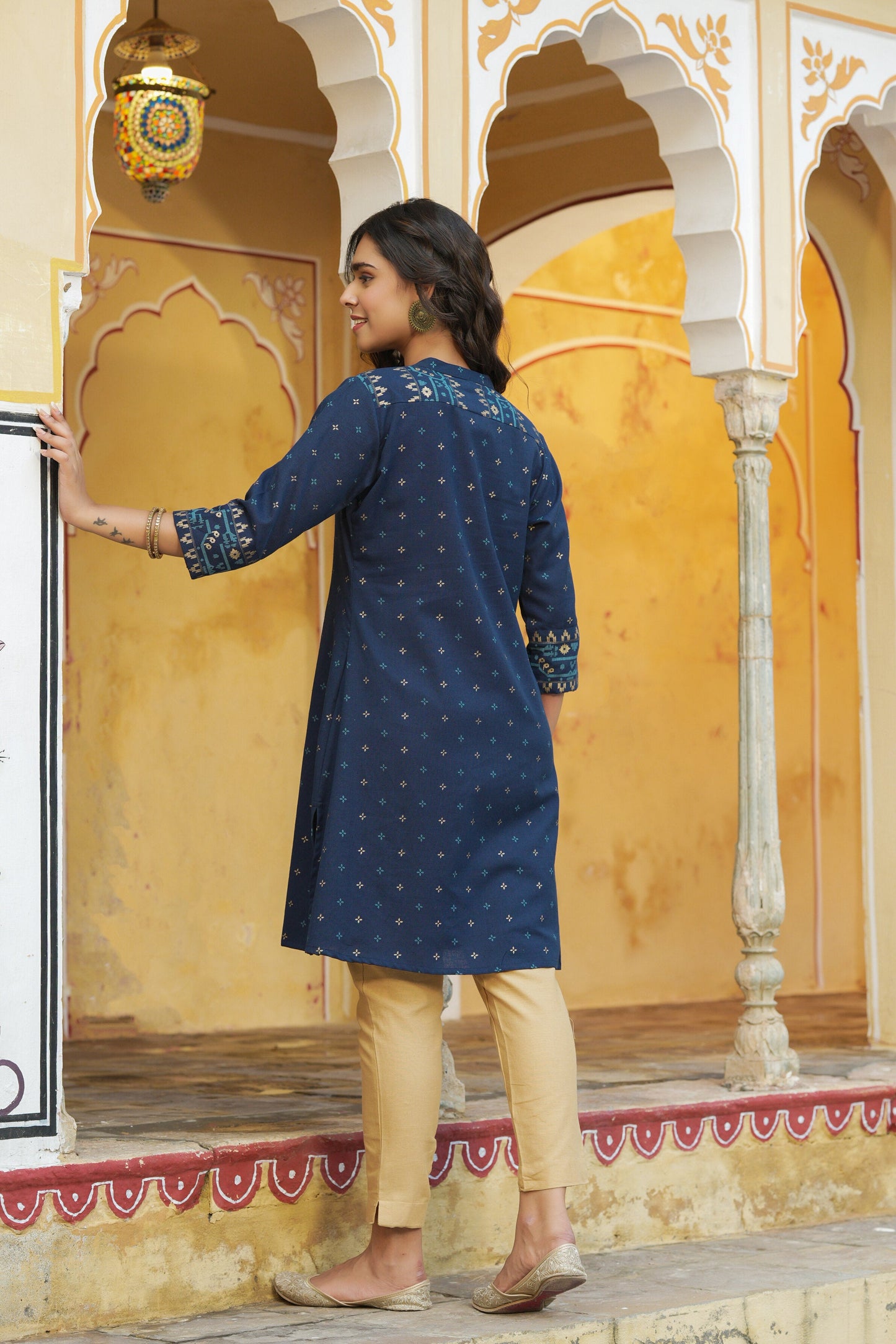 Blue Cotton Flex Printed A-Line Kurta