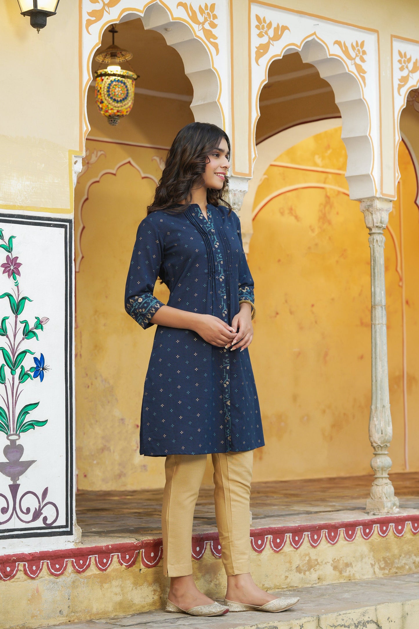 Blue Cotton Flex Printed A-Line Kurta