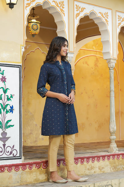 Blue Cotton Flex Printed A-Line Kurta