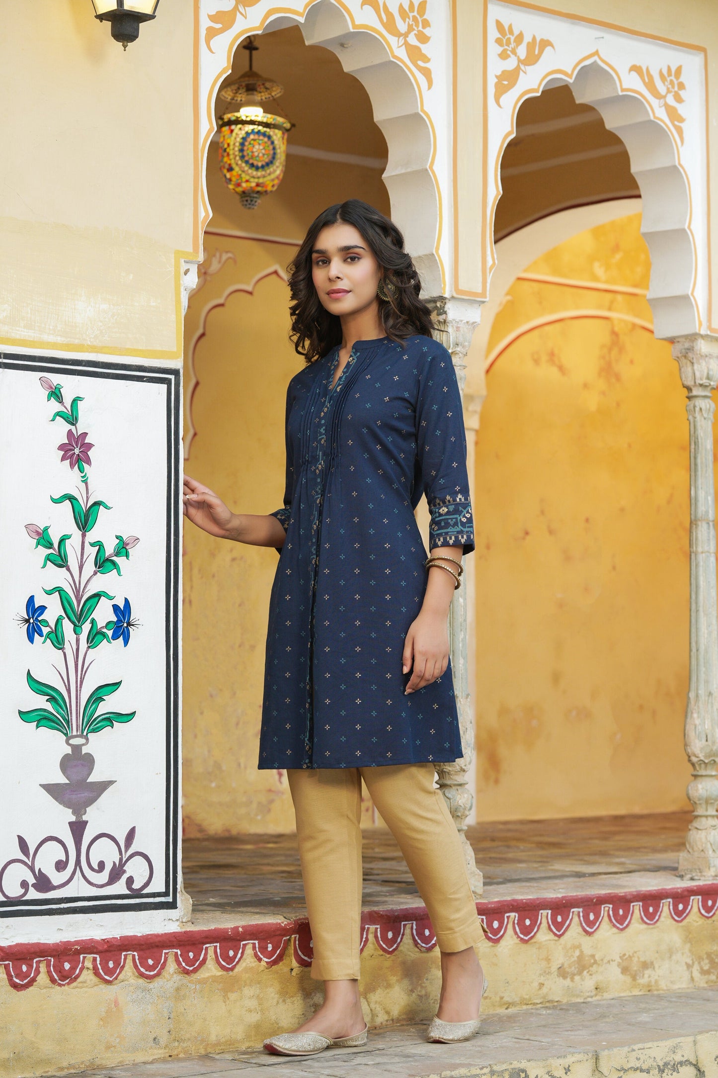 Blue Cotton Flex Printed A-Line Kurta
