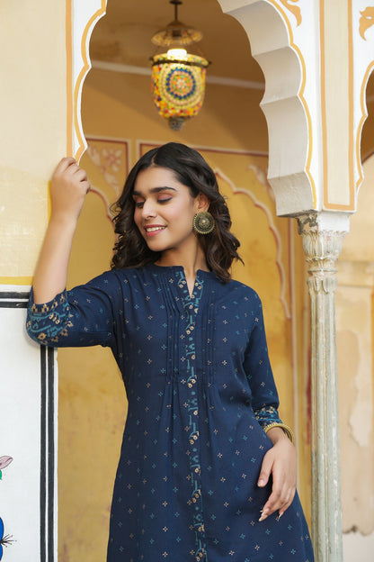 Blue Cotton Flex Printed A-Line Kurta