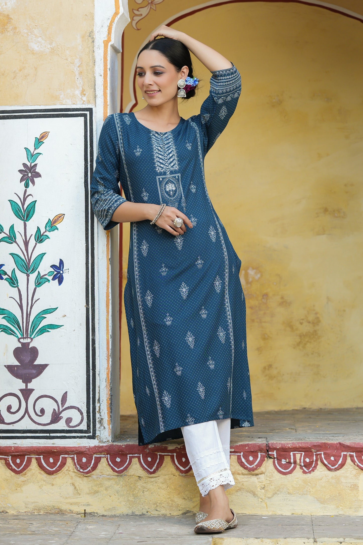 Blue Rayon Staple Printed Straight Kurta