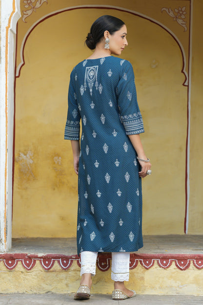 Blue Rayon Staple Printed Straight Kurta