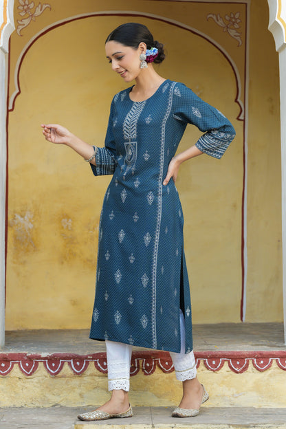 Blue Rayon Staple Printed Straight Kurta