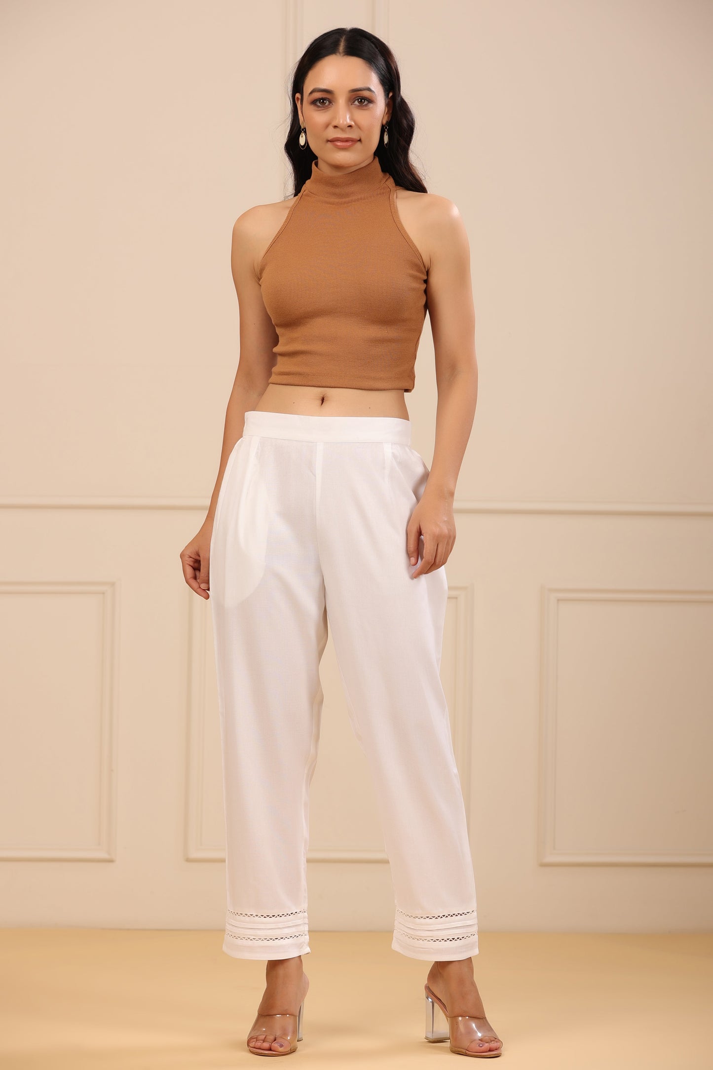 White Rayon Staple Solid Straight Pant/Slim Pant