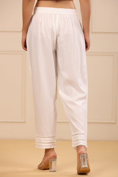 White Rayon Staple Solid Straight Pant/Slim Pant