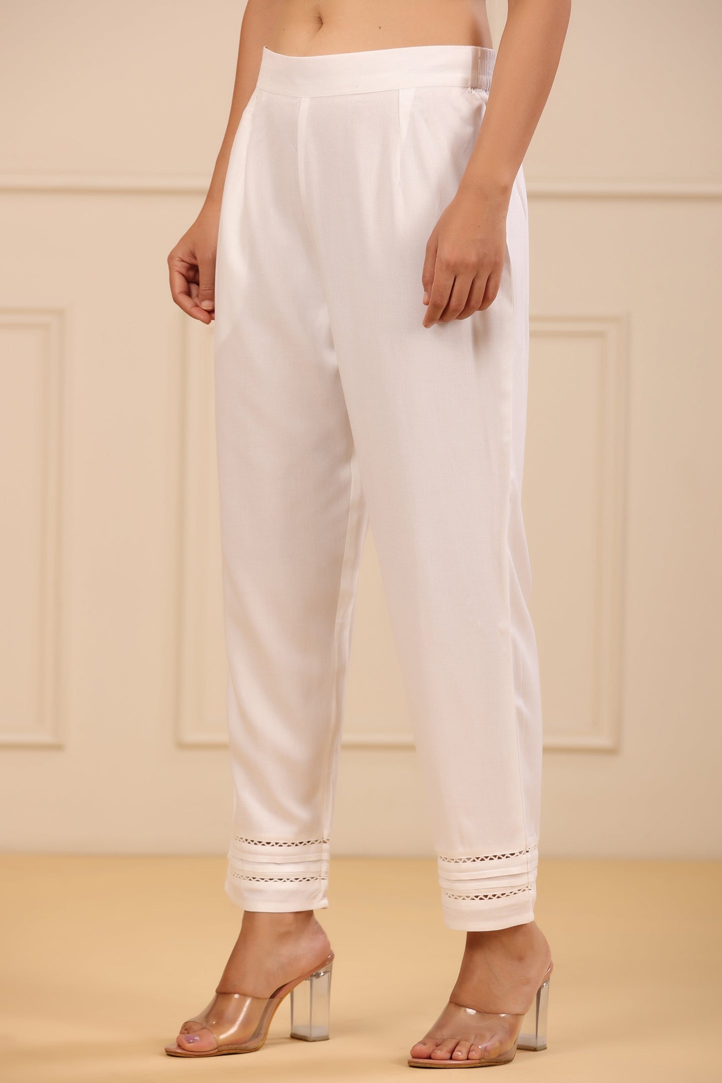 White Rayon Staple Solid Straight Pant/Slim Pant