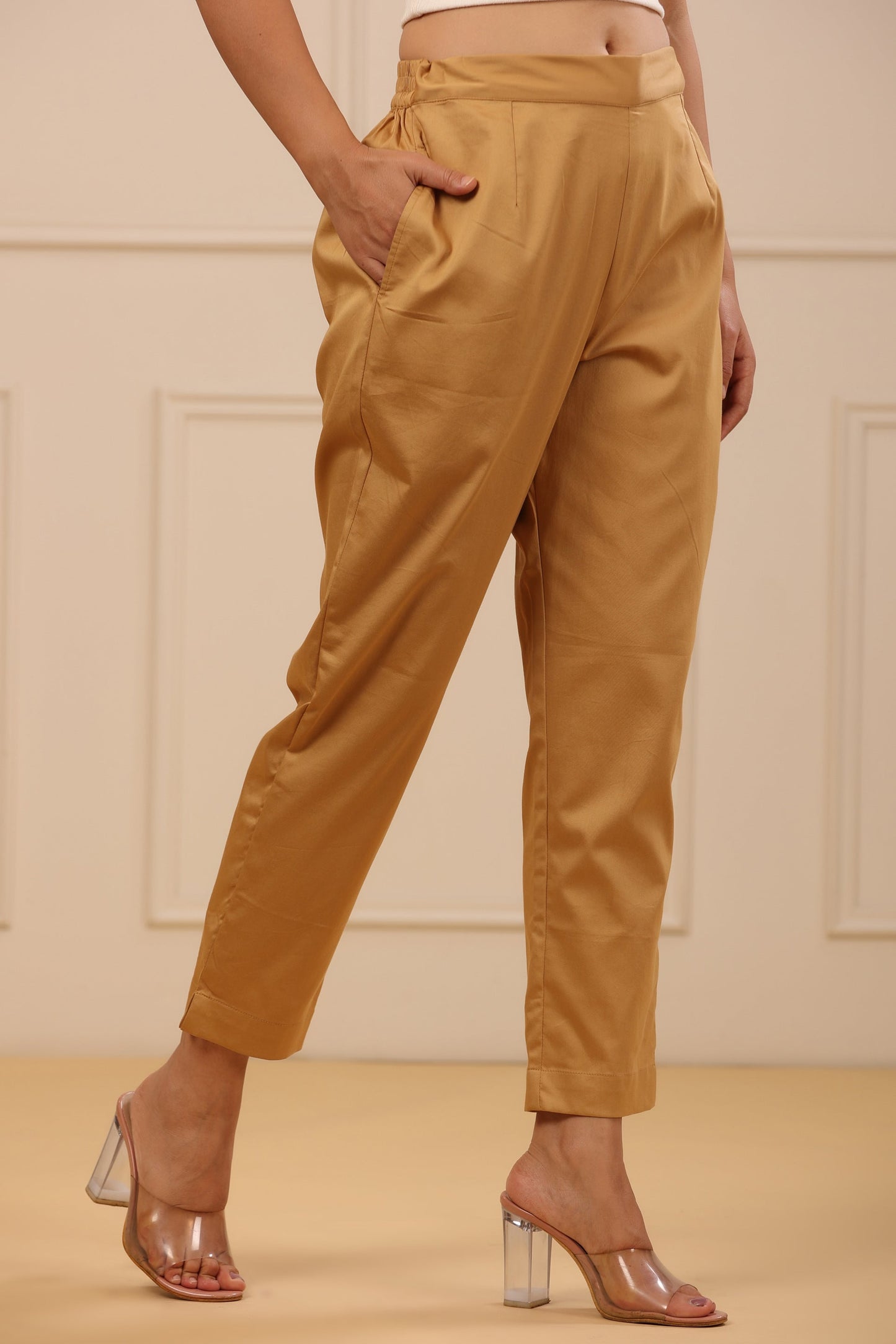 Beige  Solid Straight Slim Pant