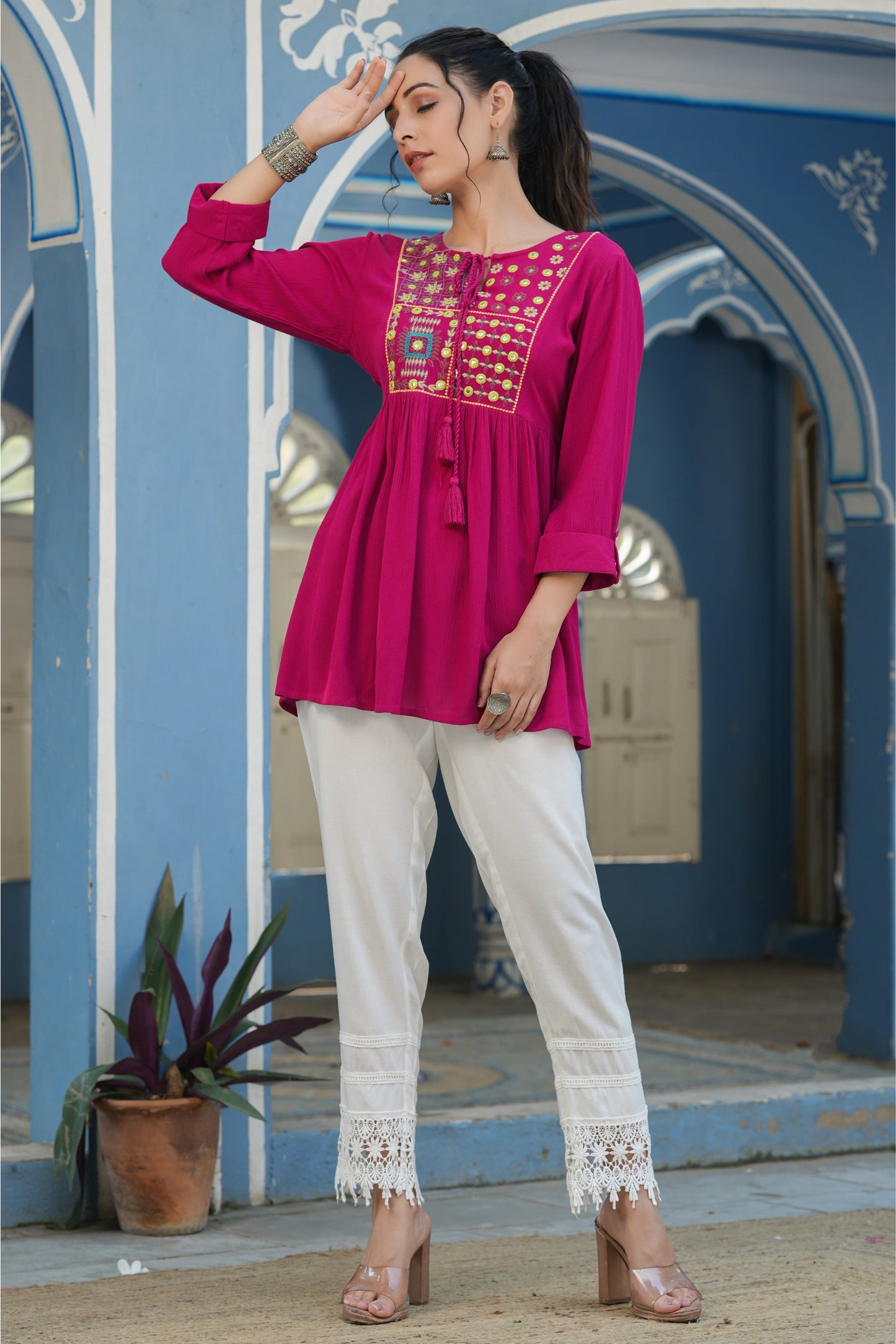 Fuchsia Rayon Crepe Embroidered Straight Tunic