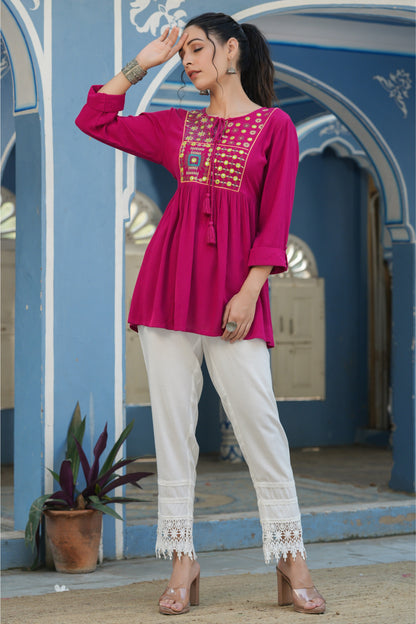 Fuchsia Rayon Crepe Embroidered Straight Tunic
