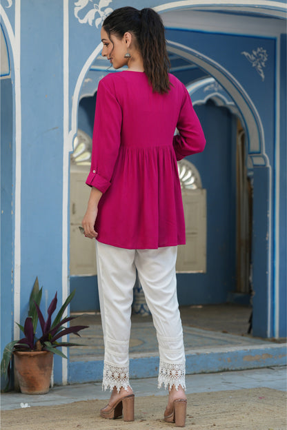 Fuchsia Rayon Crepe Embroidered Straight Tunic