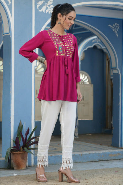 Fuchsia Rayon Crepe Embroidered Straight Tunic