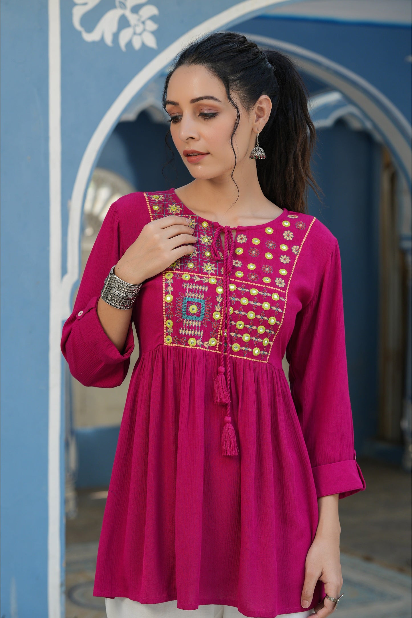 Fuchsia Rayon Crepe Embroidered Straight Tunic