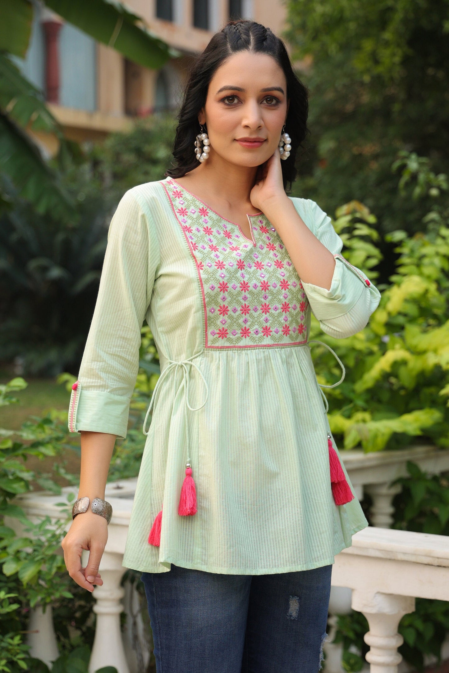 Green Cotton Dobby Solid Embroidered  Straight Tunic